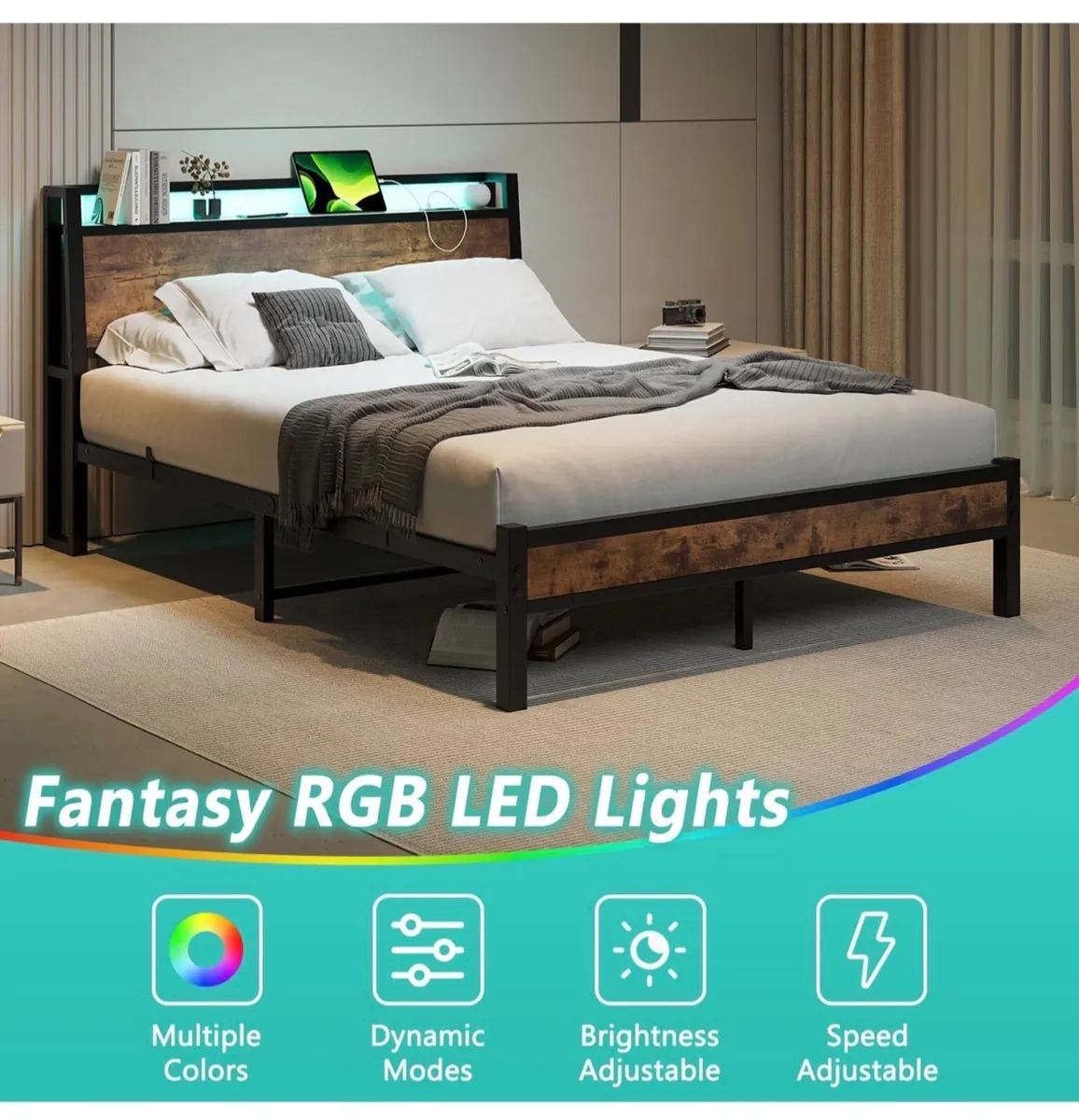 King Size Bed Frame with Charging Station and LED - Image 2