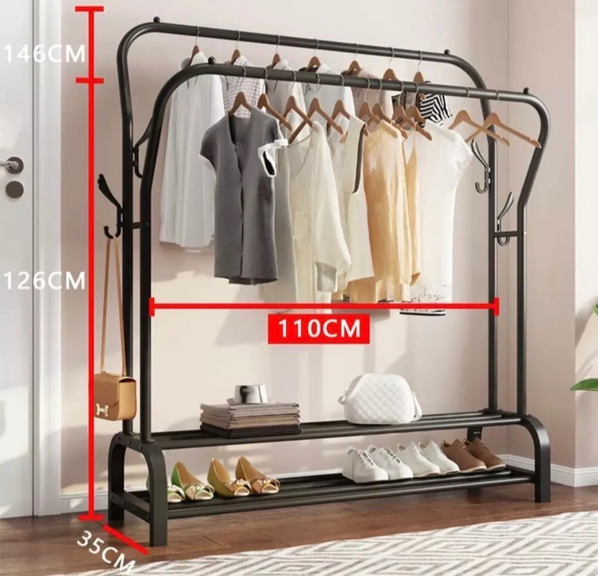 NEW Double Rail Clothes Garment Rack & Shelves - Image 2
