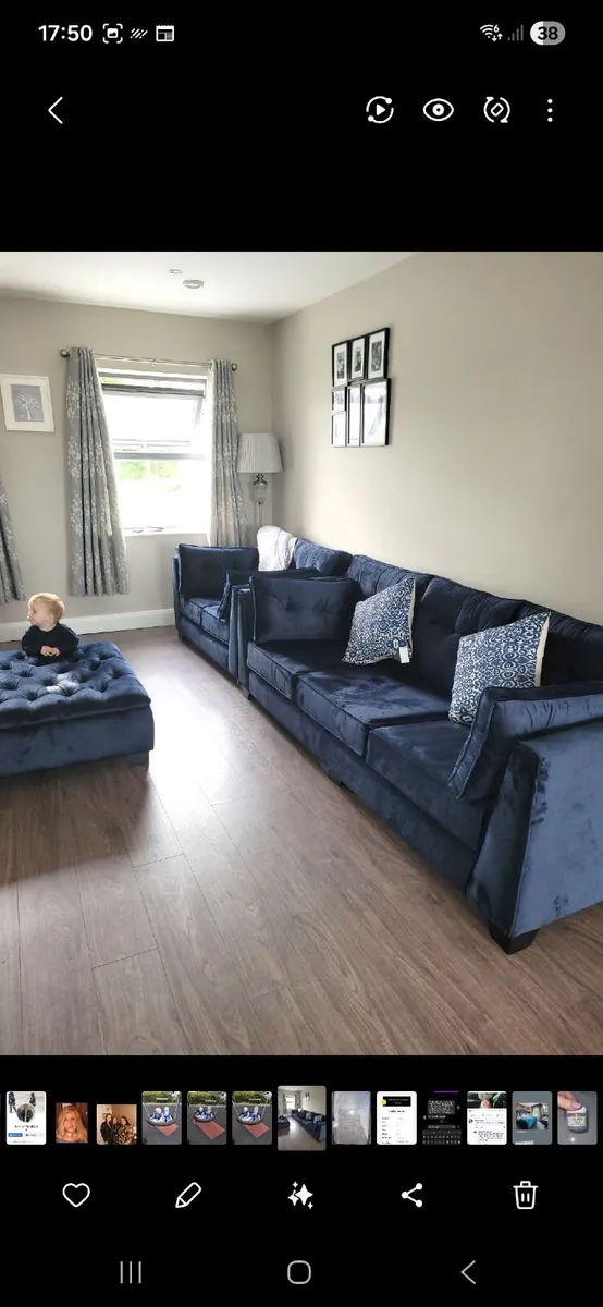 Navy Velvet Couch - Image 1