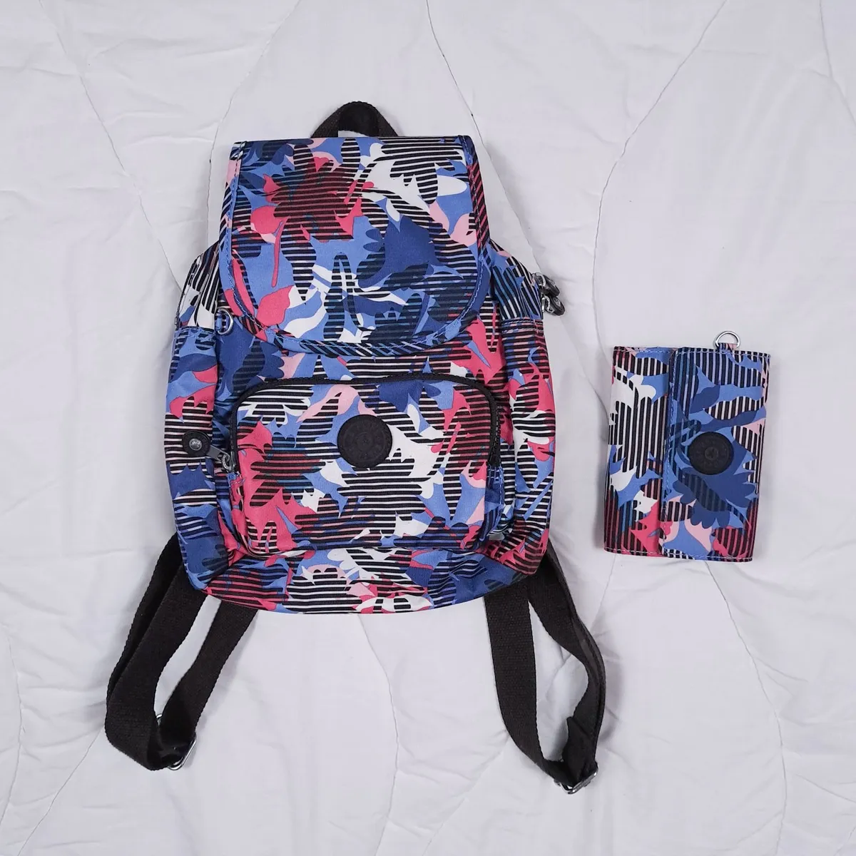 Kipling Blue Pink Floral Backpack Wallet Set - Image 1