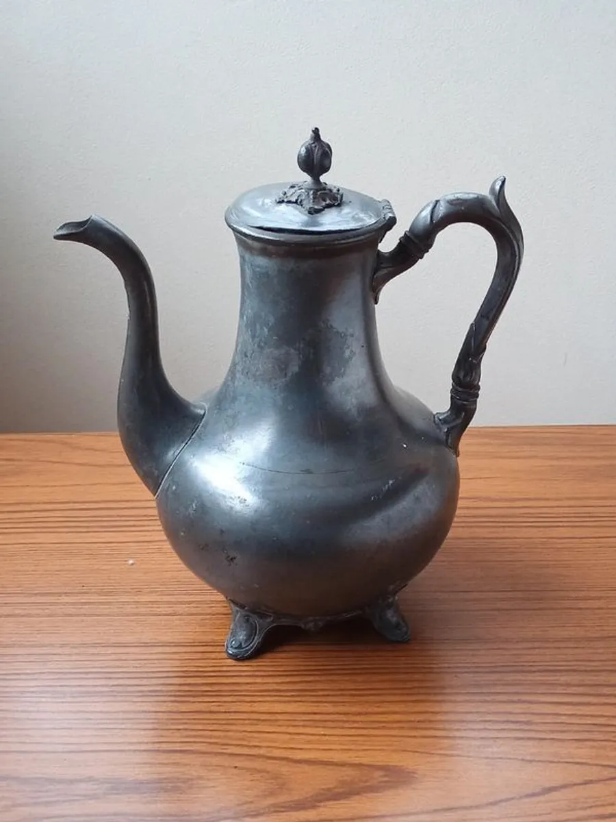 Antique large footed pewter coffee pot by R. Broadhead & Co  Sheffield, England  height 28cm - Image 1