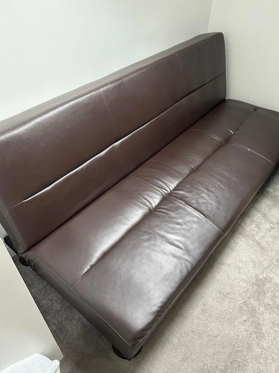 3-seater Sofabed brown faux leather, free - Image 4