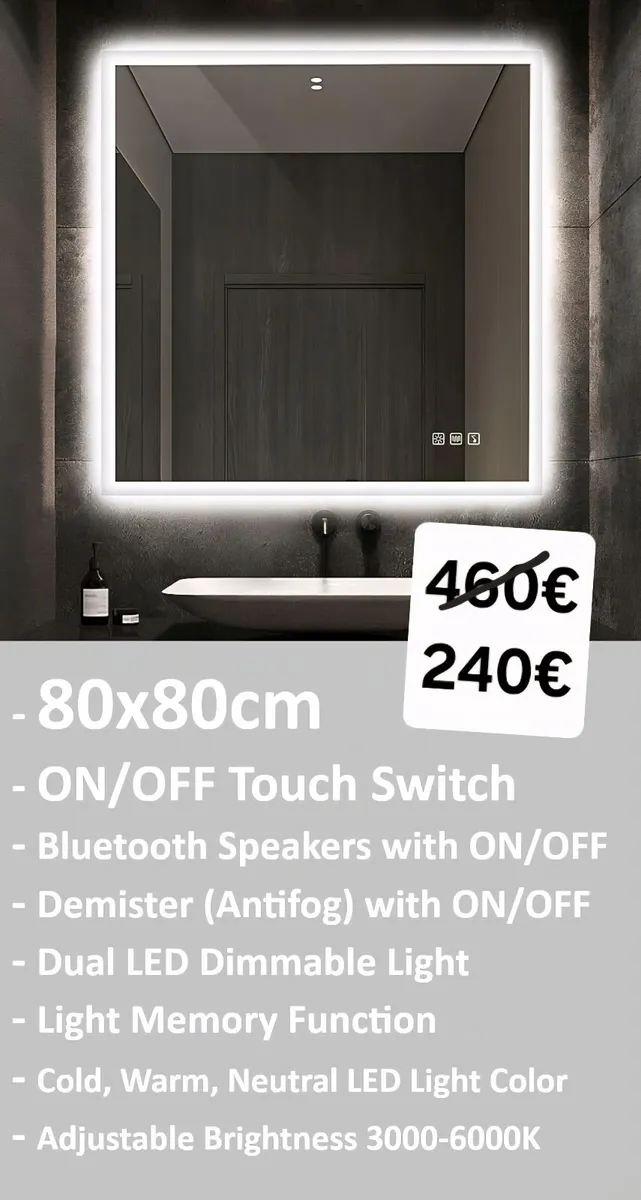 LED Bathroom Mirror Bluetooth Speakers Fog Free - Image 1