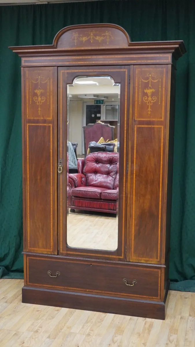 Edwardian Inlaid Mahogany Wardrobe with Mirror - Image 1