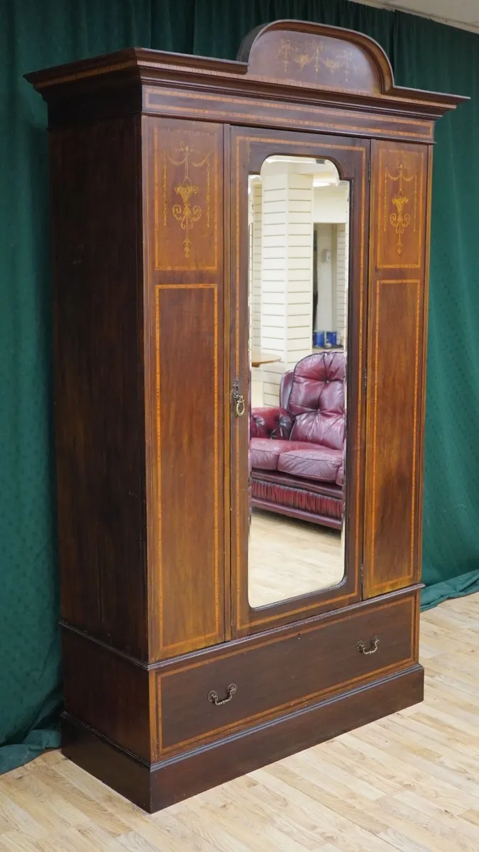Edwardian Inlaid Mahogany Wardrobe with Mirror - Image 2