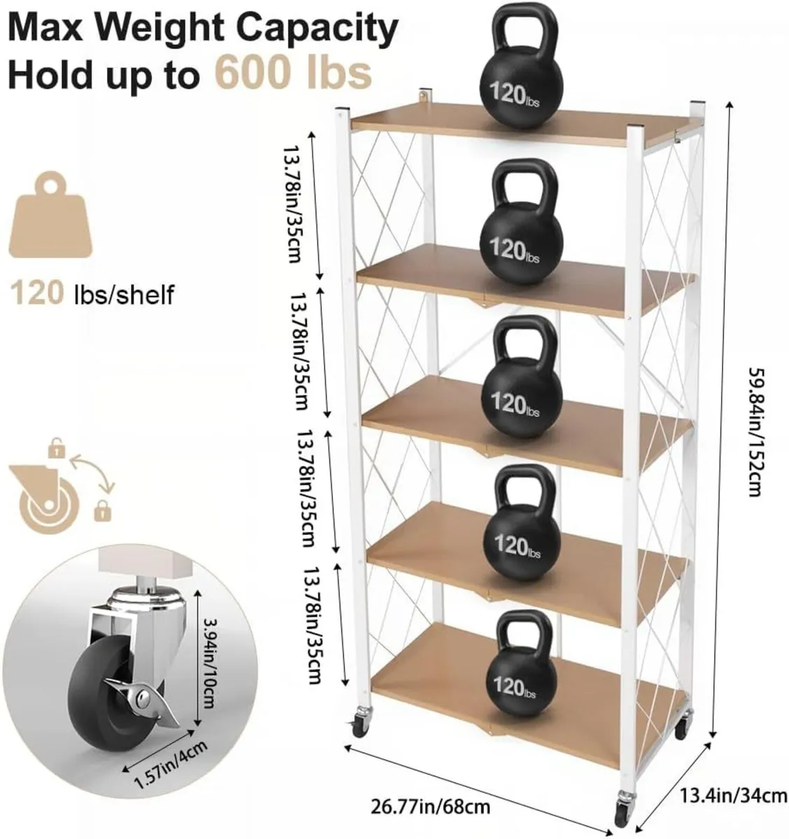 Folding Storage Shelves on Wheels 5-Tier Metal - Image 2