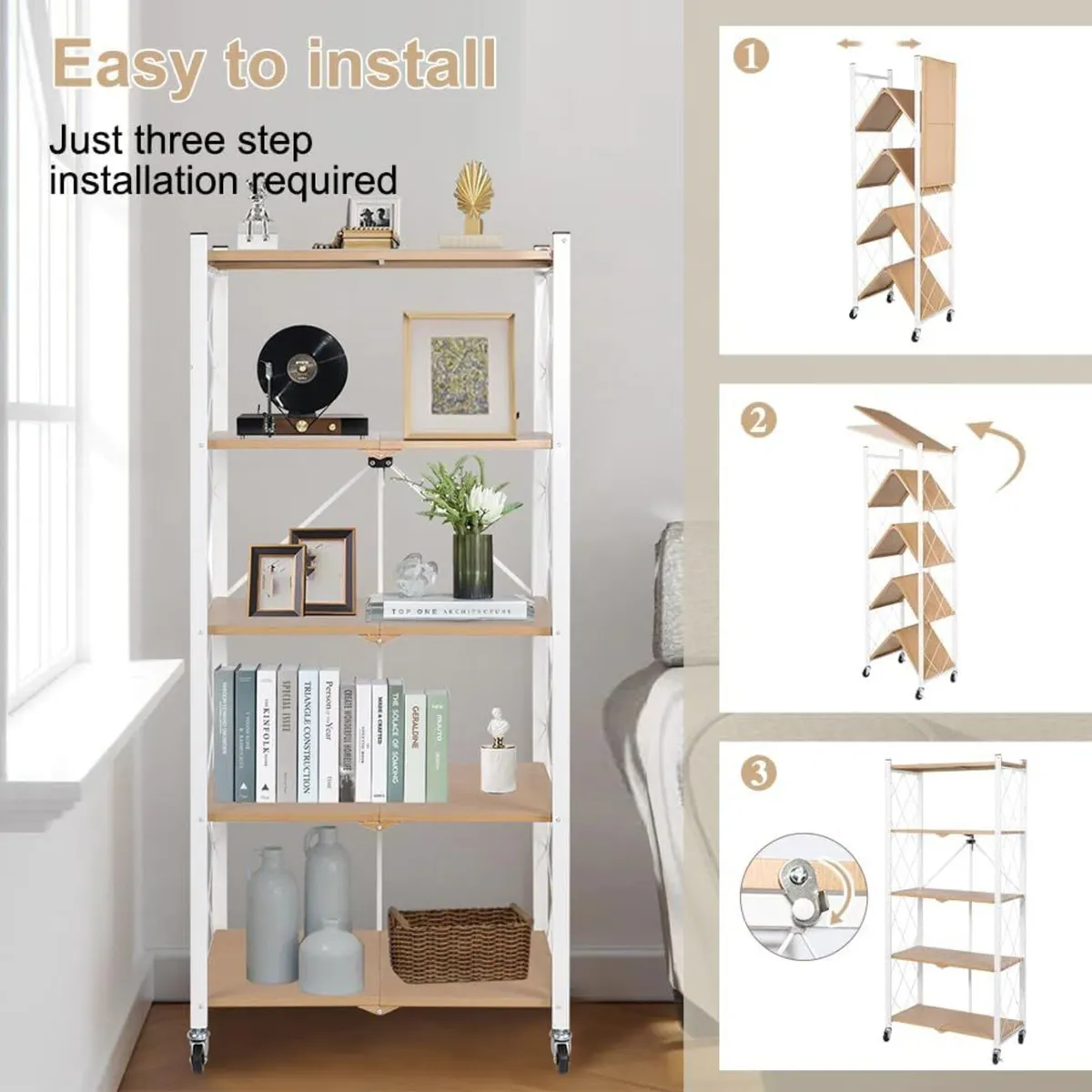 Folding Storage Shelves on Wheels 5-Tier Metal - Image 4