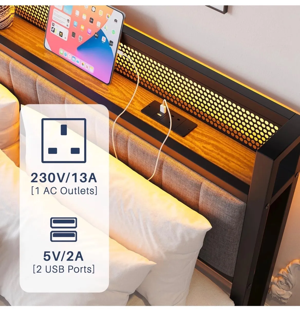 King Size Bed Frame with Upholstered Headboard - Image 4