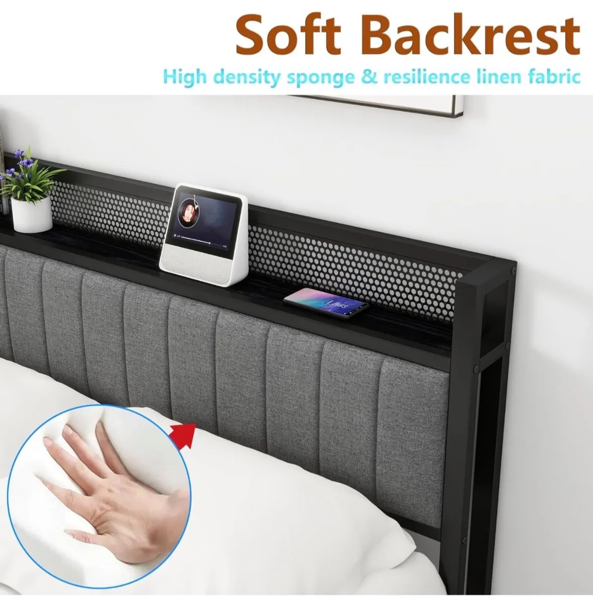 King Size Bed Frame with Storage and Headboard She - Image 4