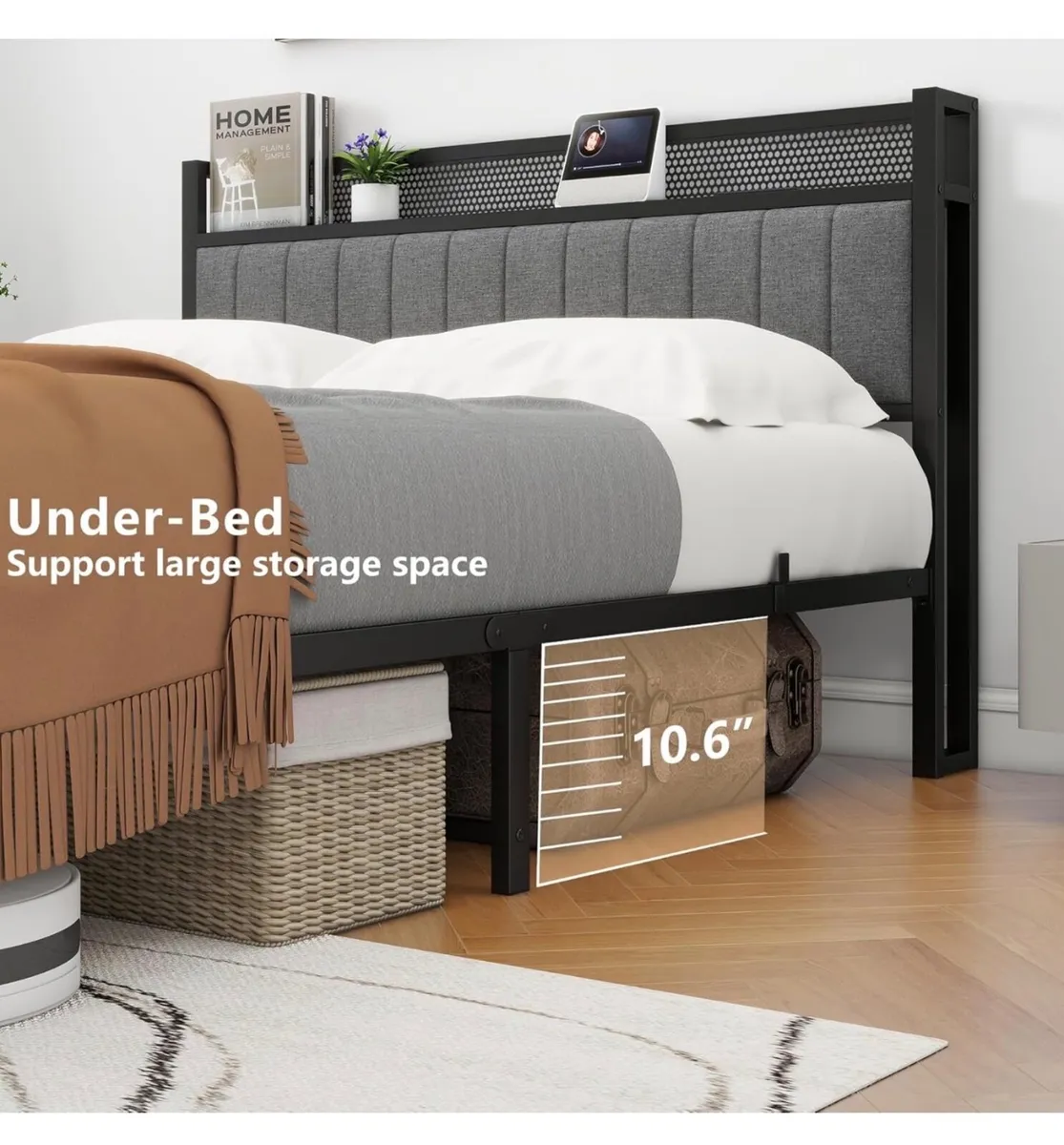 King Size Bed Frame with Storage and Headboard She - Image 2