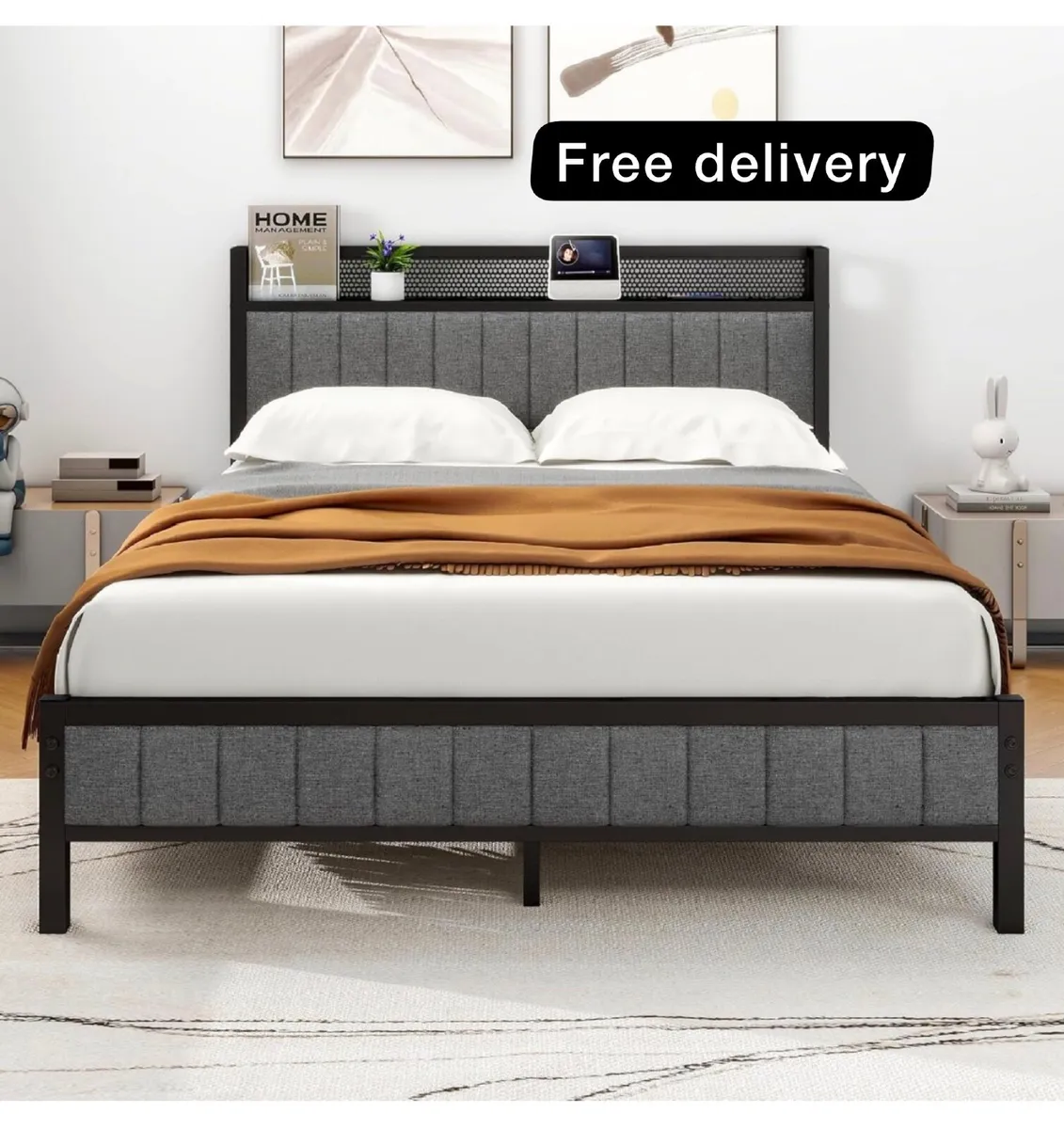 King Size Bed Frame with Storage and Headboard She - Image 1