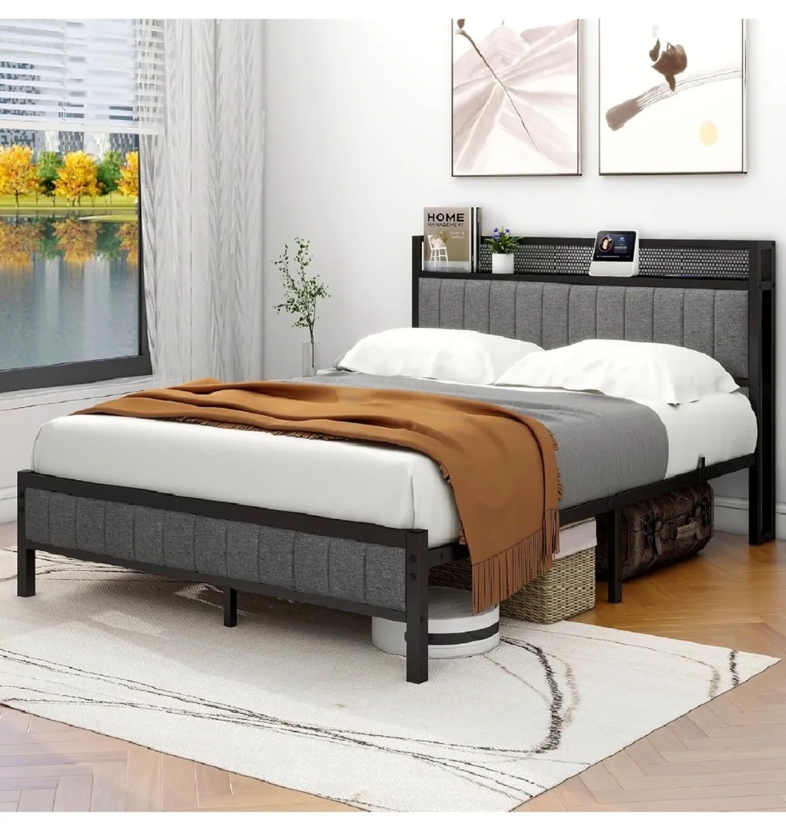King Size Bed Frame with Storage and Headboard She - Image 1