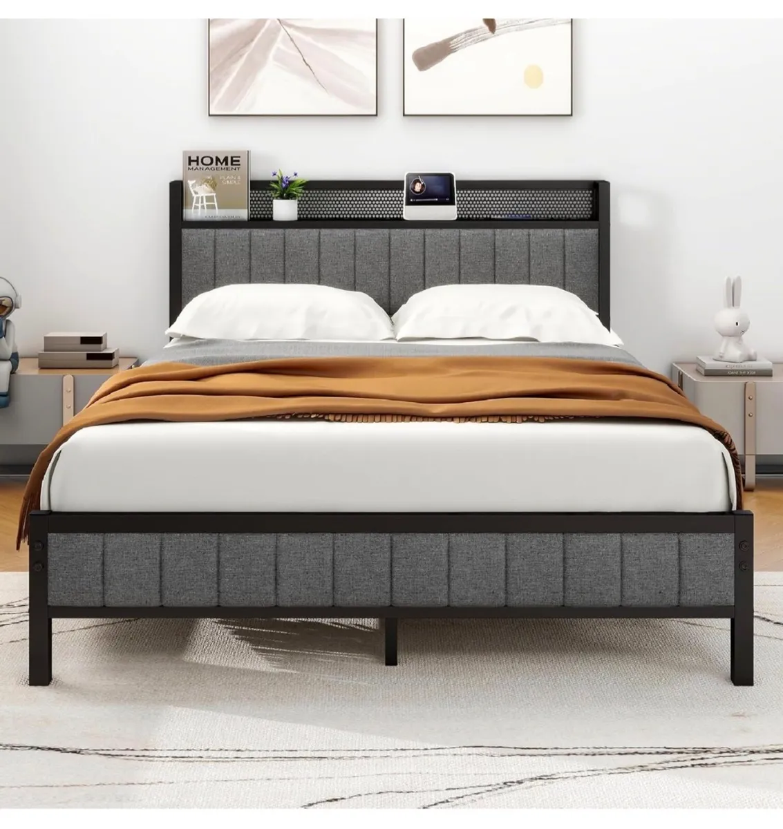 King Size Bed Frame with Storage and Headboard She - Image 3
