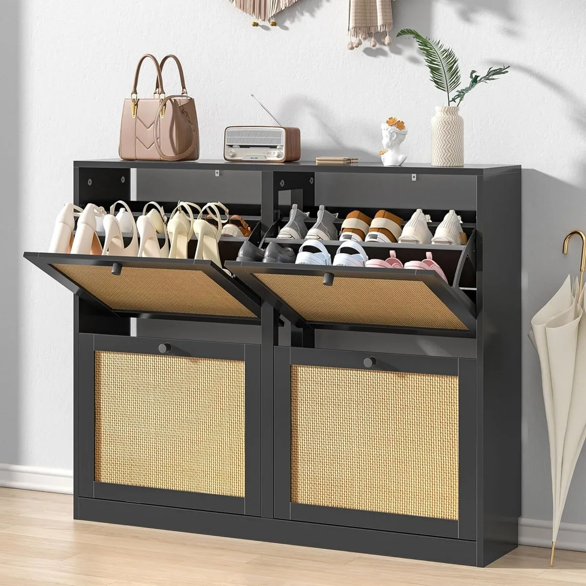 Black Rattan Slim Shoe Storage Cabinet with 4 - Image 2
