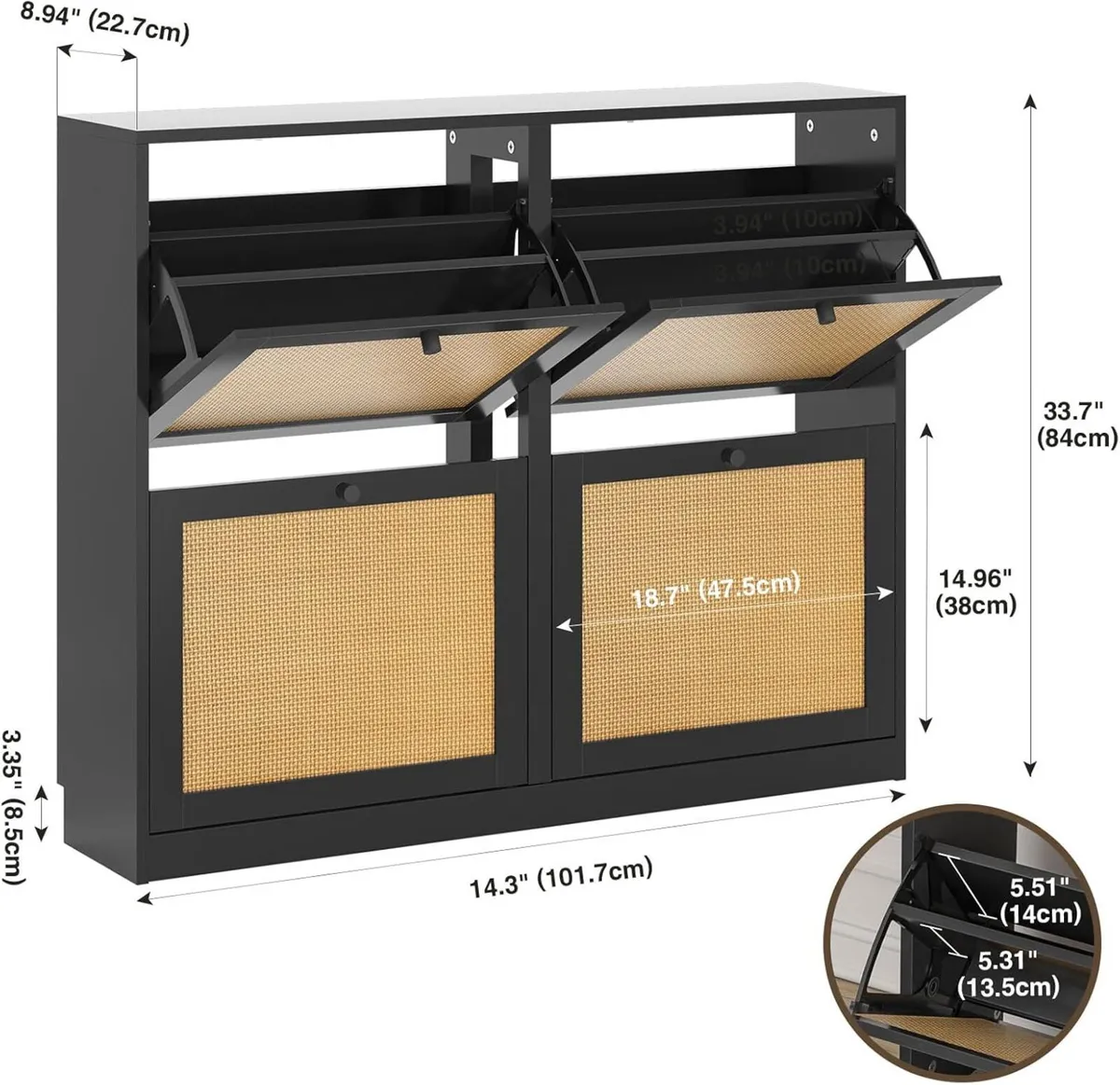 Black Rattan Slim Shoe Storage Cabinet with 4 - Image 3