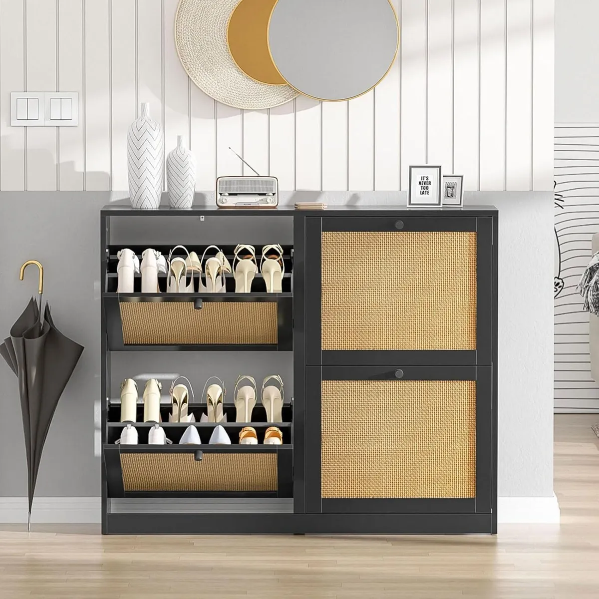 Black Rattan Slim Shoe Storage Cabinet with 4 - Image 4