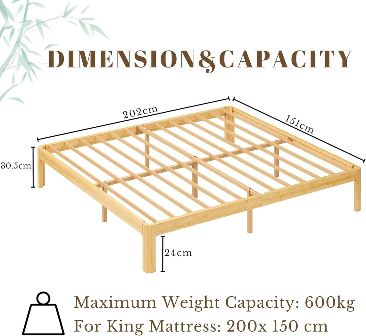 Bamboo Wood King Size Bed Frame with Metal Slats - Image 2