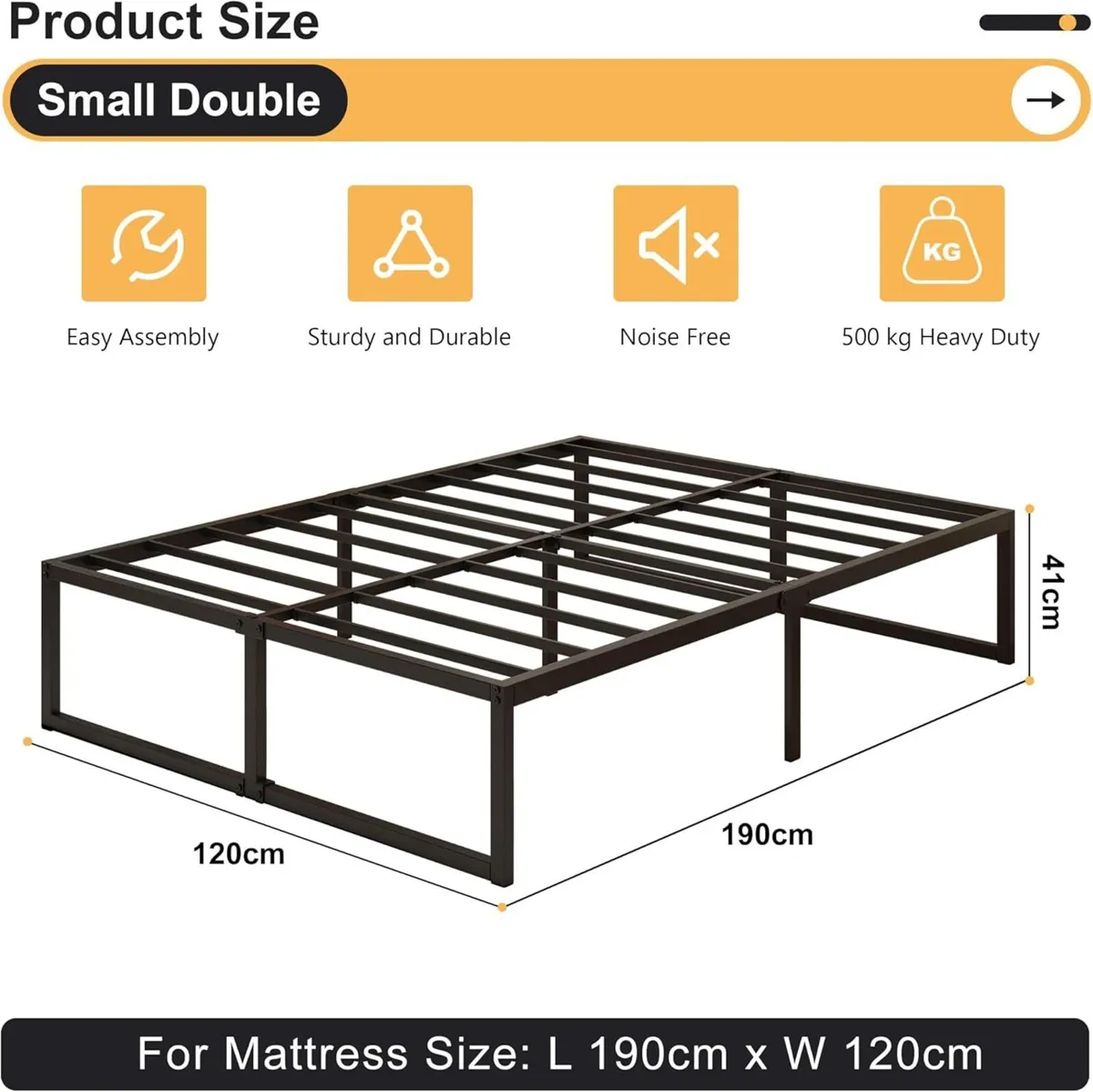 Small Double Bed Frame 120x190 cm Metal Platform - Image 2