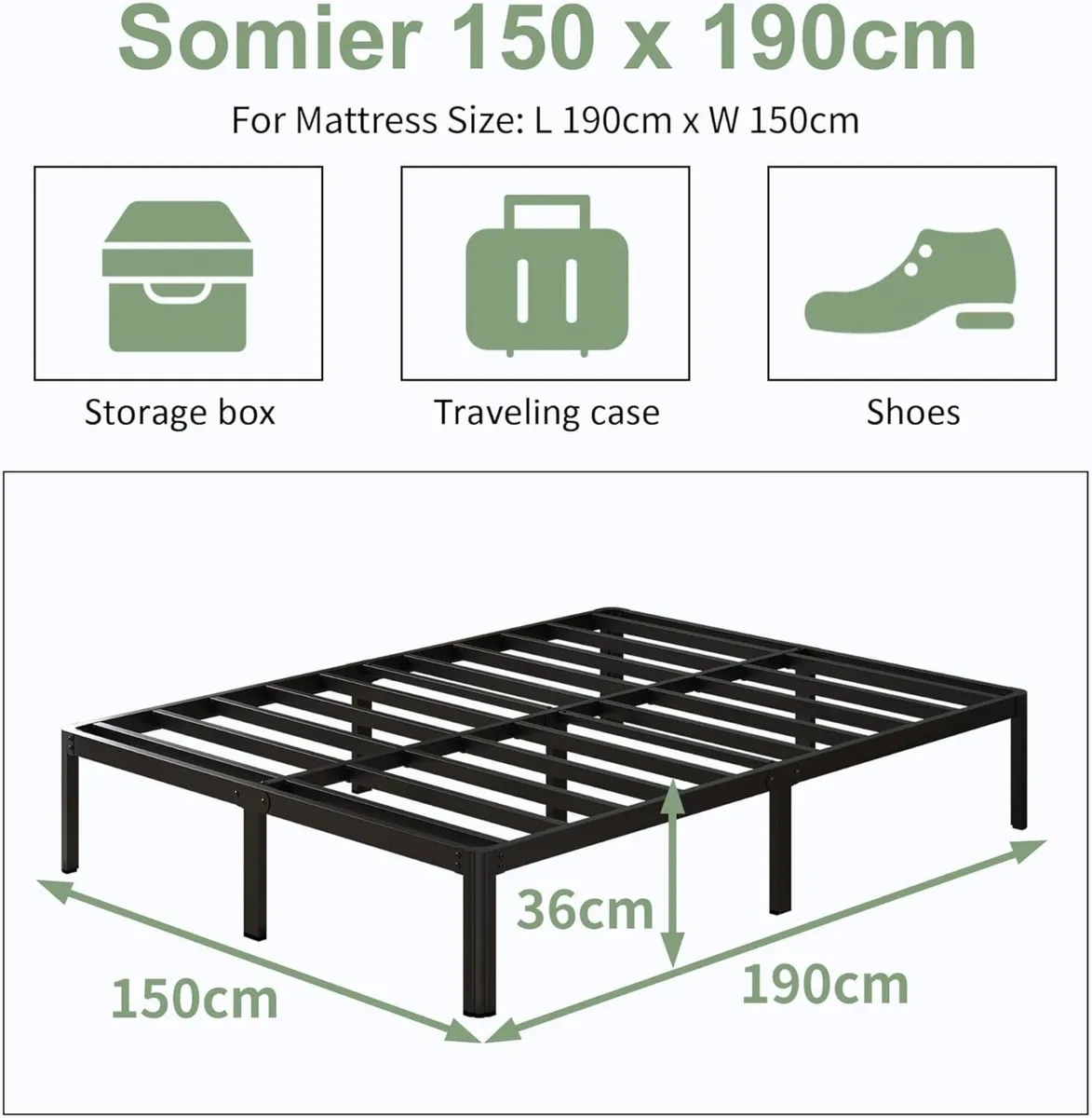Metal Bed 150 x 190 cm with Round Legs 36 Height - Image 2