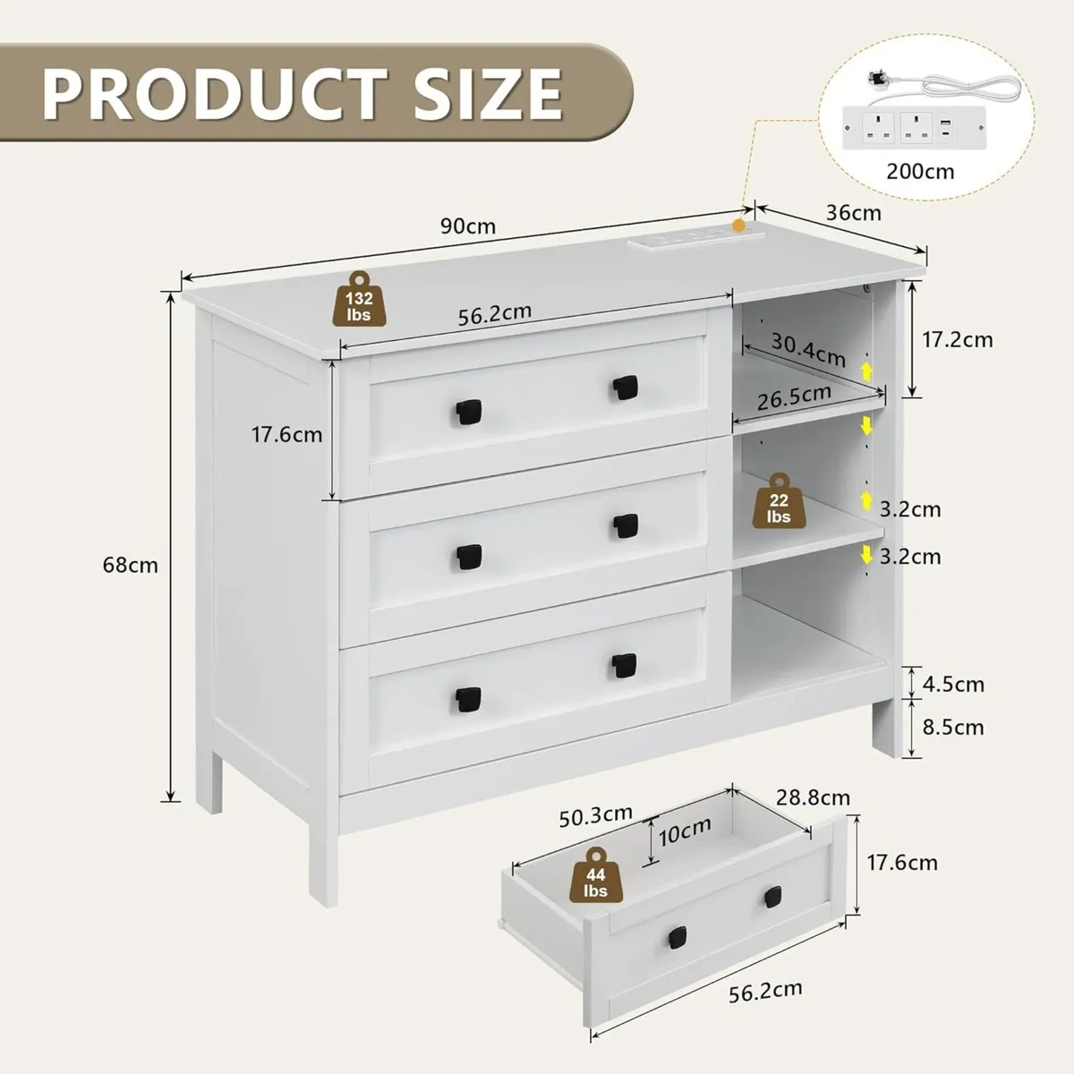 White Chest of Drawers Bedroom with Charging - Image 3