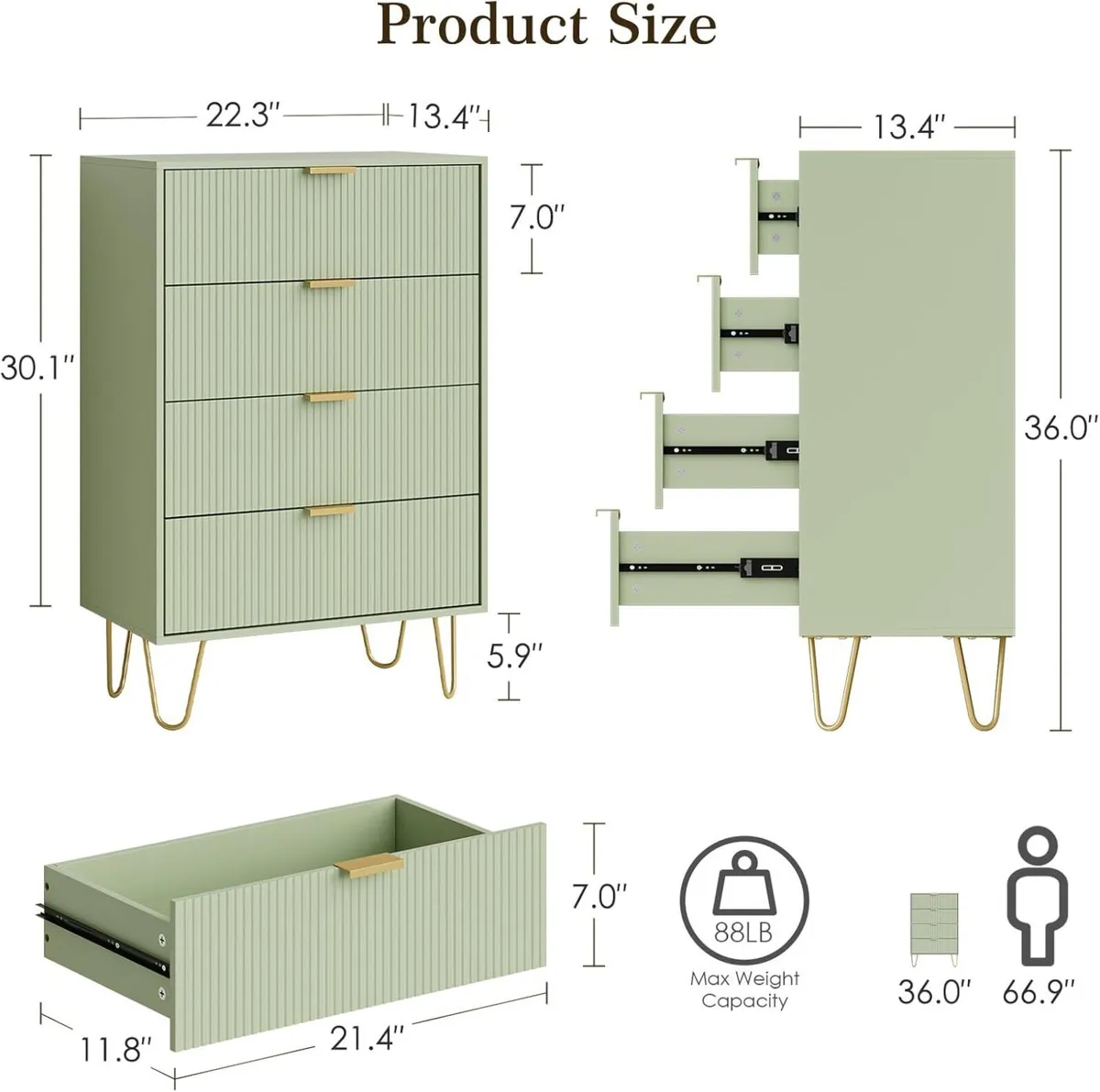 Green Chest of 4 Drawers for Bedroom 60x34x91cm - Image 2
