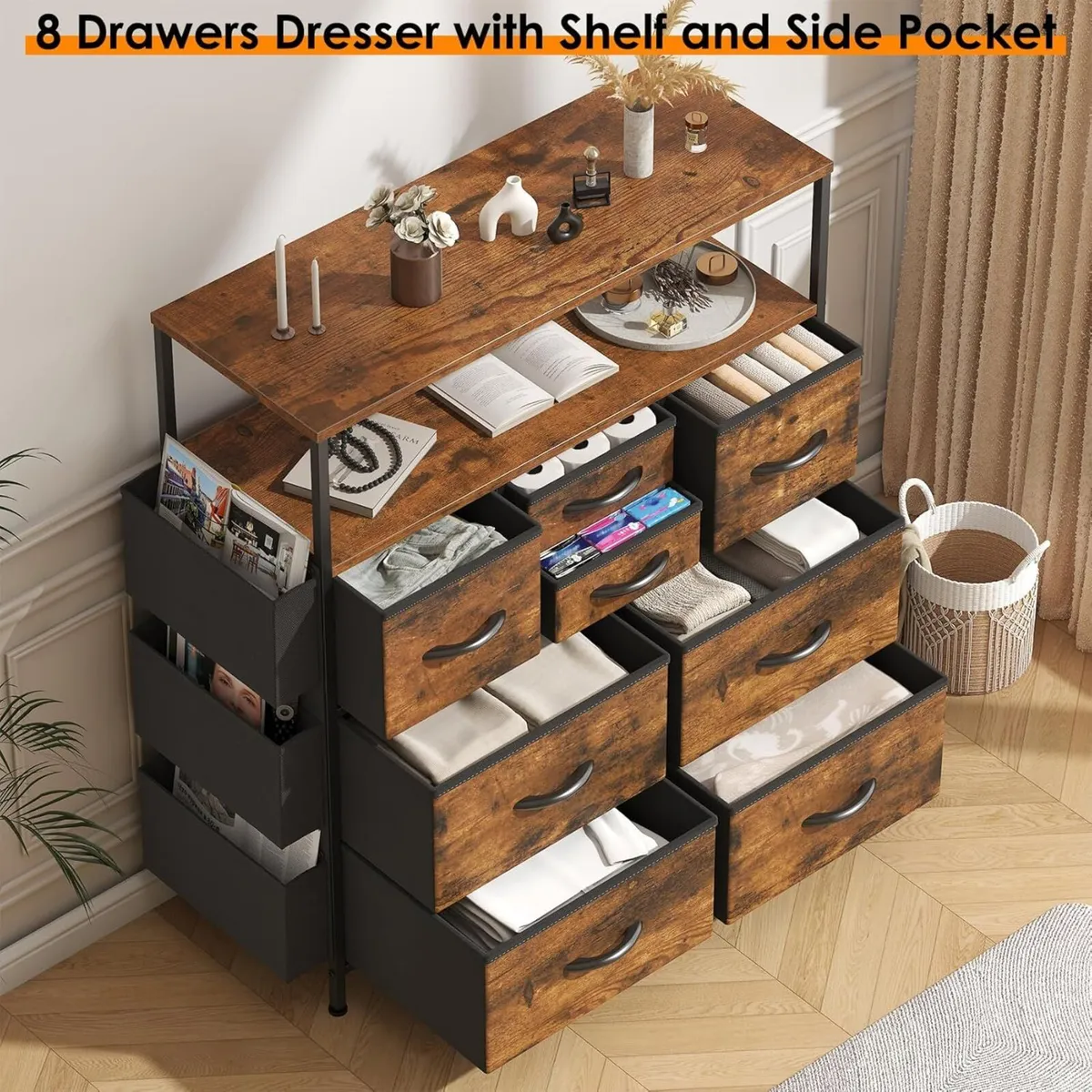 Tall Chest of Drawers 8 Fabric Dresser with Shelf - Image 4