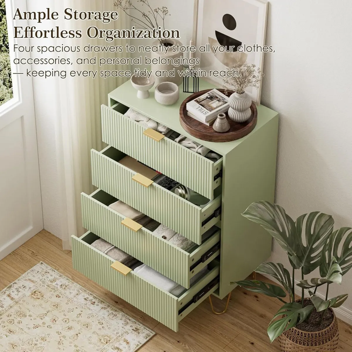 Green Chest of 4 Drawers for Bedroom 60x34x91cm - Image 3