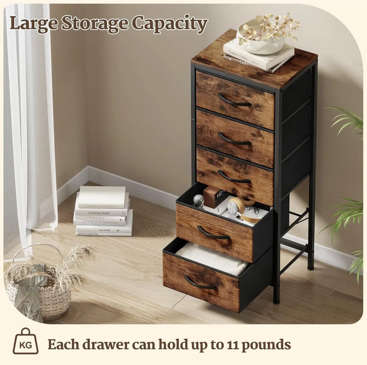 Tall Chest of Drawers Bedroom 5 Fabric Storage - Image 4