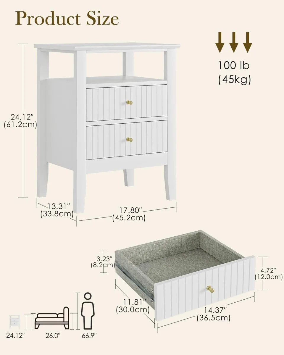 Bedside Table Chest of 2 Drawers Cabinet Wooden - Image 2