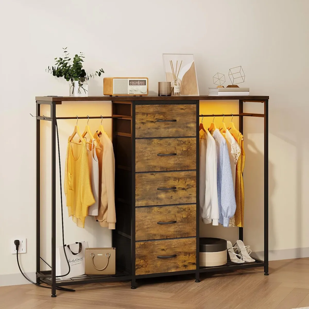 5 Drawer Dresser with Clothes Rack Chest of - Image 2