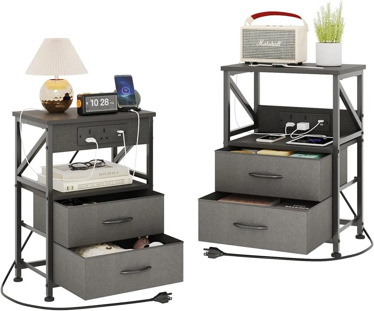 2 PCS Bedside Table with Power Strip Cabinet - Image 1