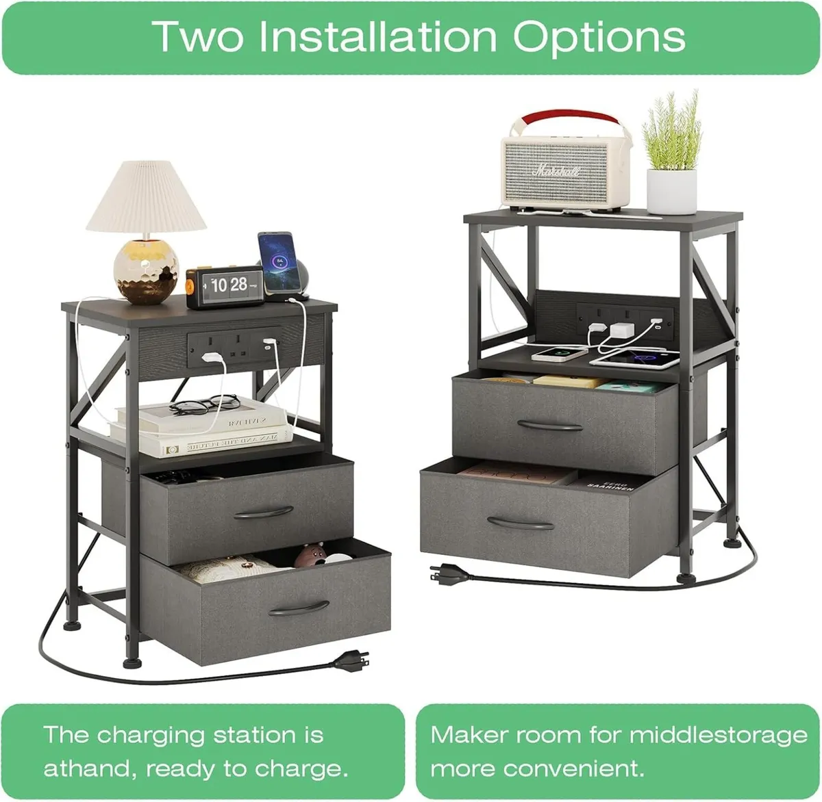 2 PCS Bedside Table with Power Strip Cabinet - Image 4
