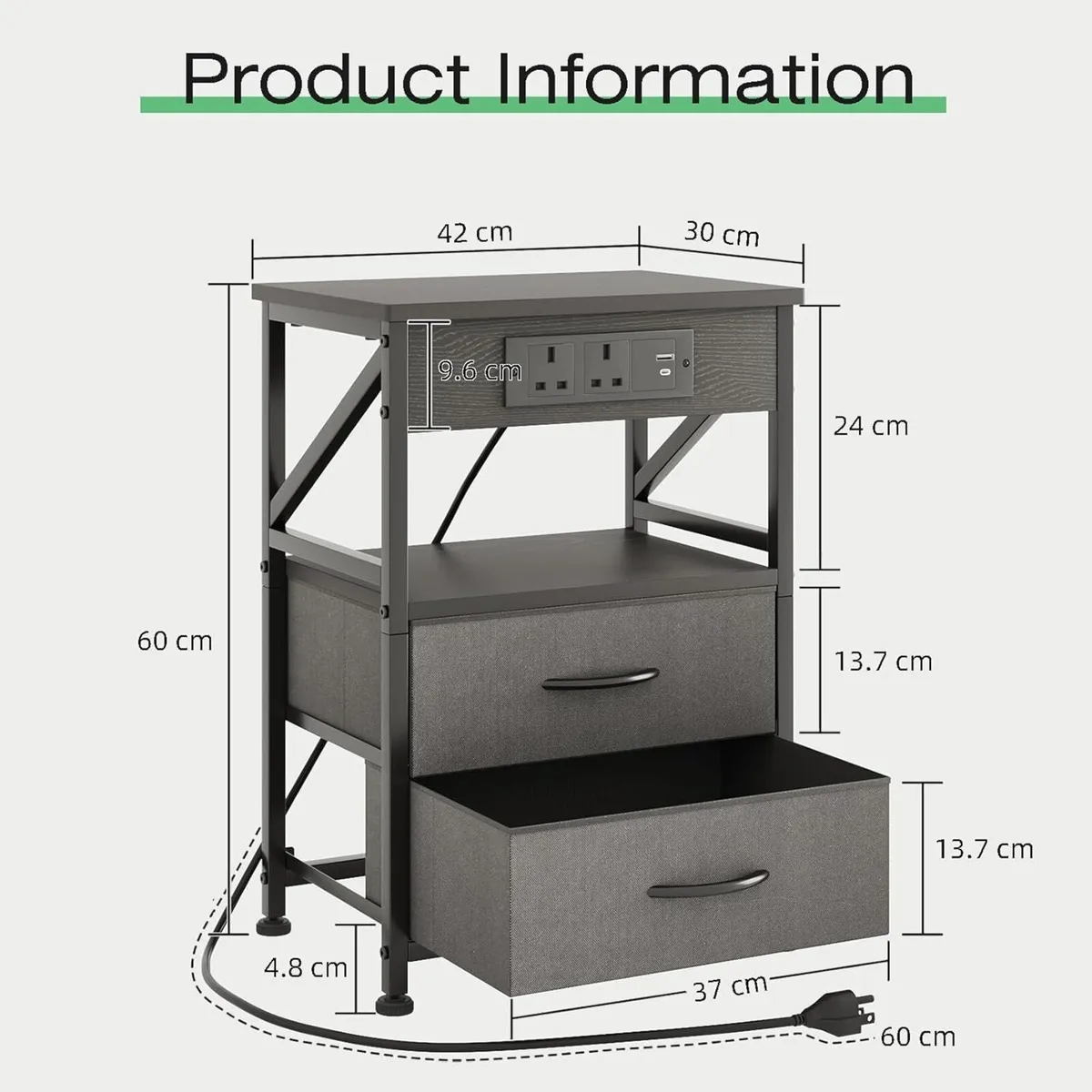 2 PCS Bedside Table with Power Strip Cabinet - Image 2