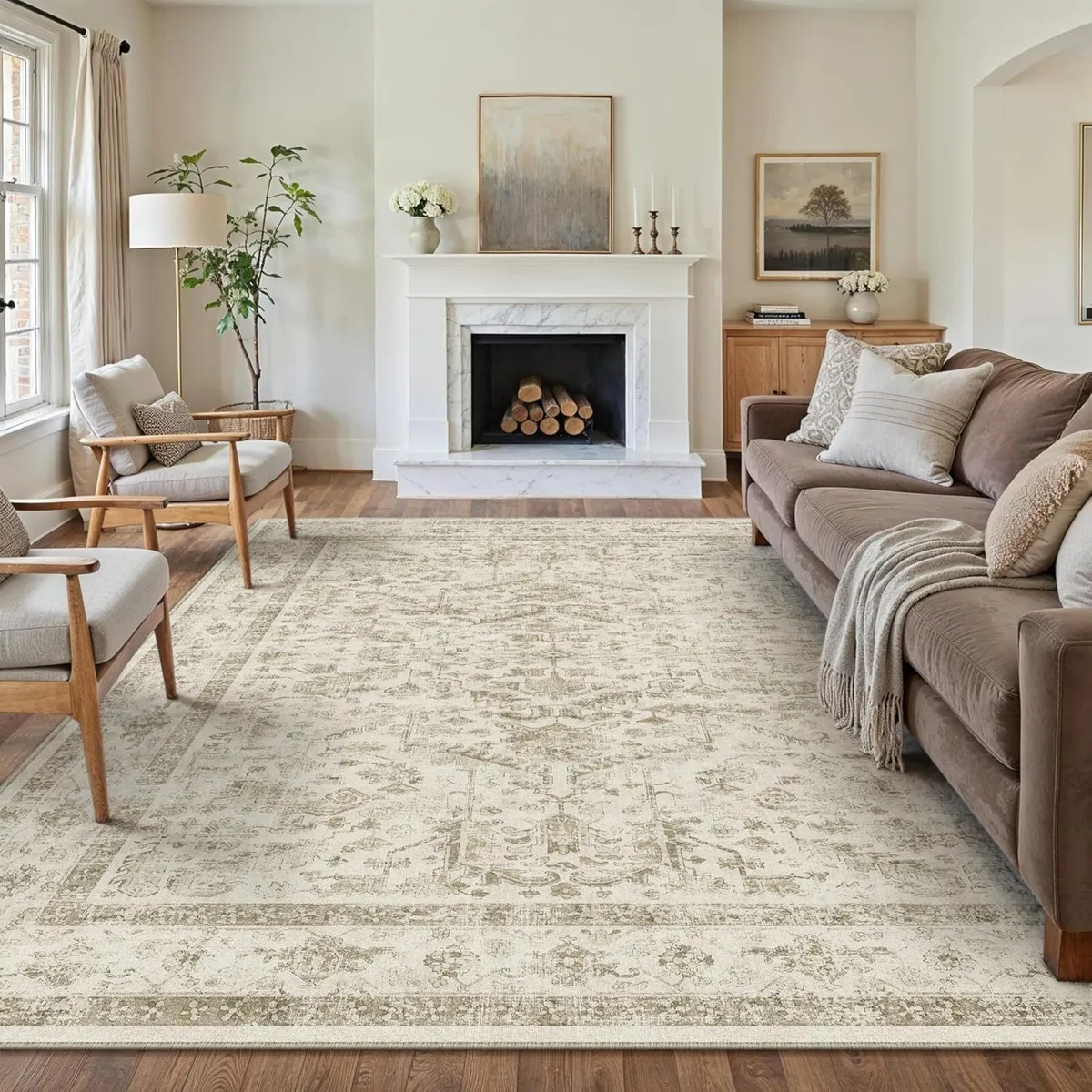 Vintage Washable Beige Rugs Living Room Area Rug - Image 1