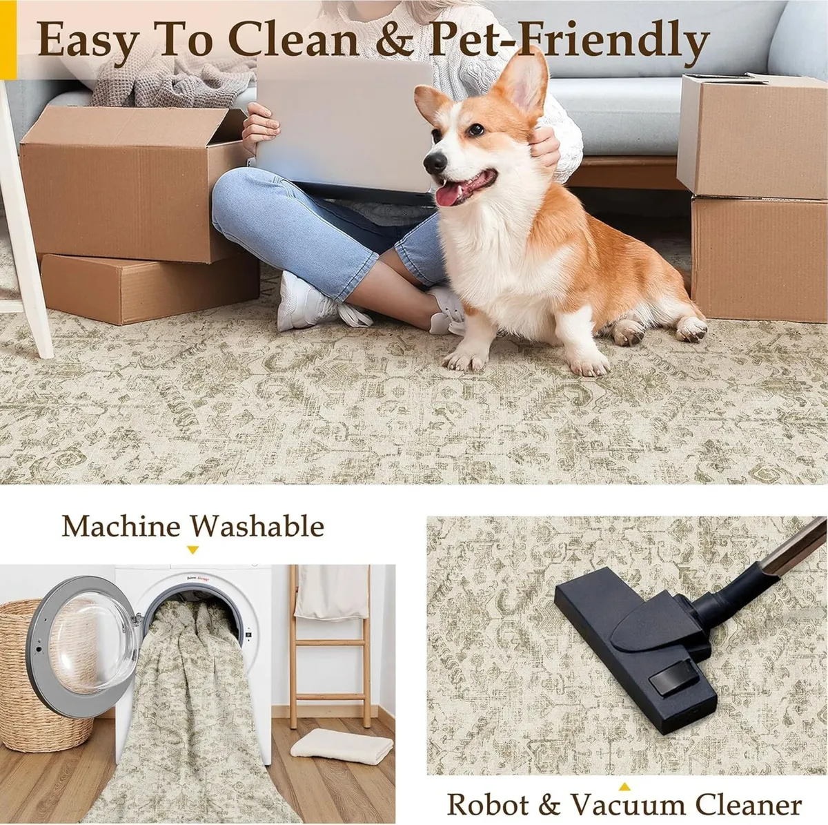 Vintage Washable Beige Rugs Living Room Area Rug - Image 4