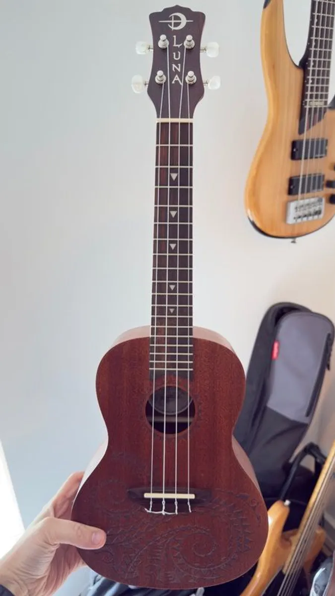 Luna Tattoo Concert Ukulele - Mahogany with Etched Design - Image 1