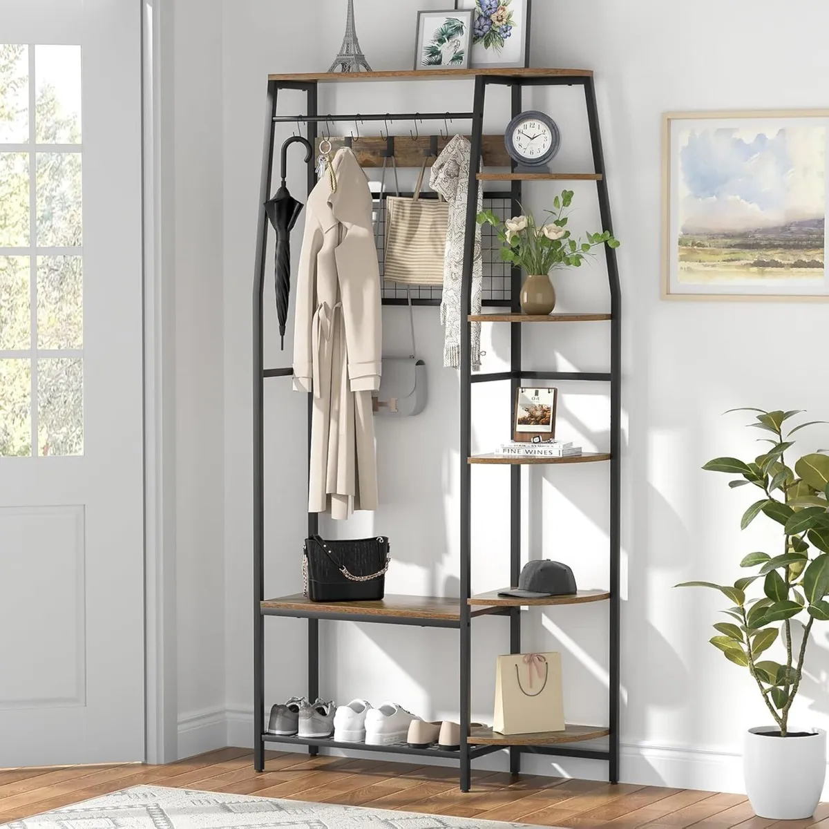 Large Coat Rack Stand with Shoe Storage and 5 - Image 1