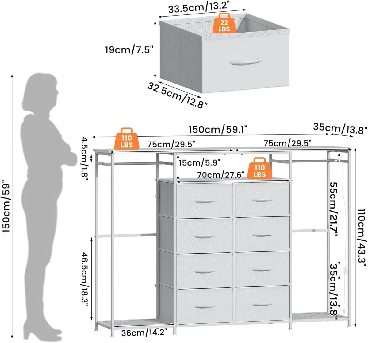 8-Drawer Dresser for Bedroom with Hanging Rack - Image 2