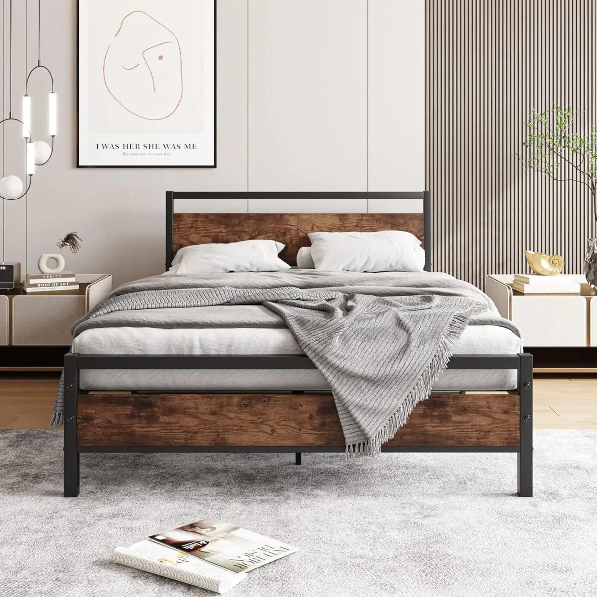 Double Bed Frame with Wooden Headboard Heavy Duty - Image 1