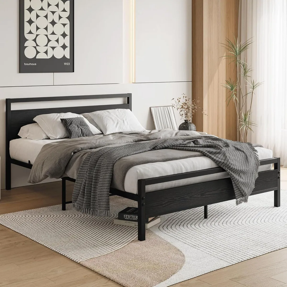 King Size Bed Frame with Wooden Headboard Black - Image 3