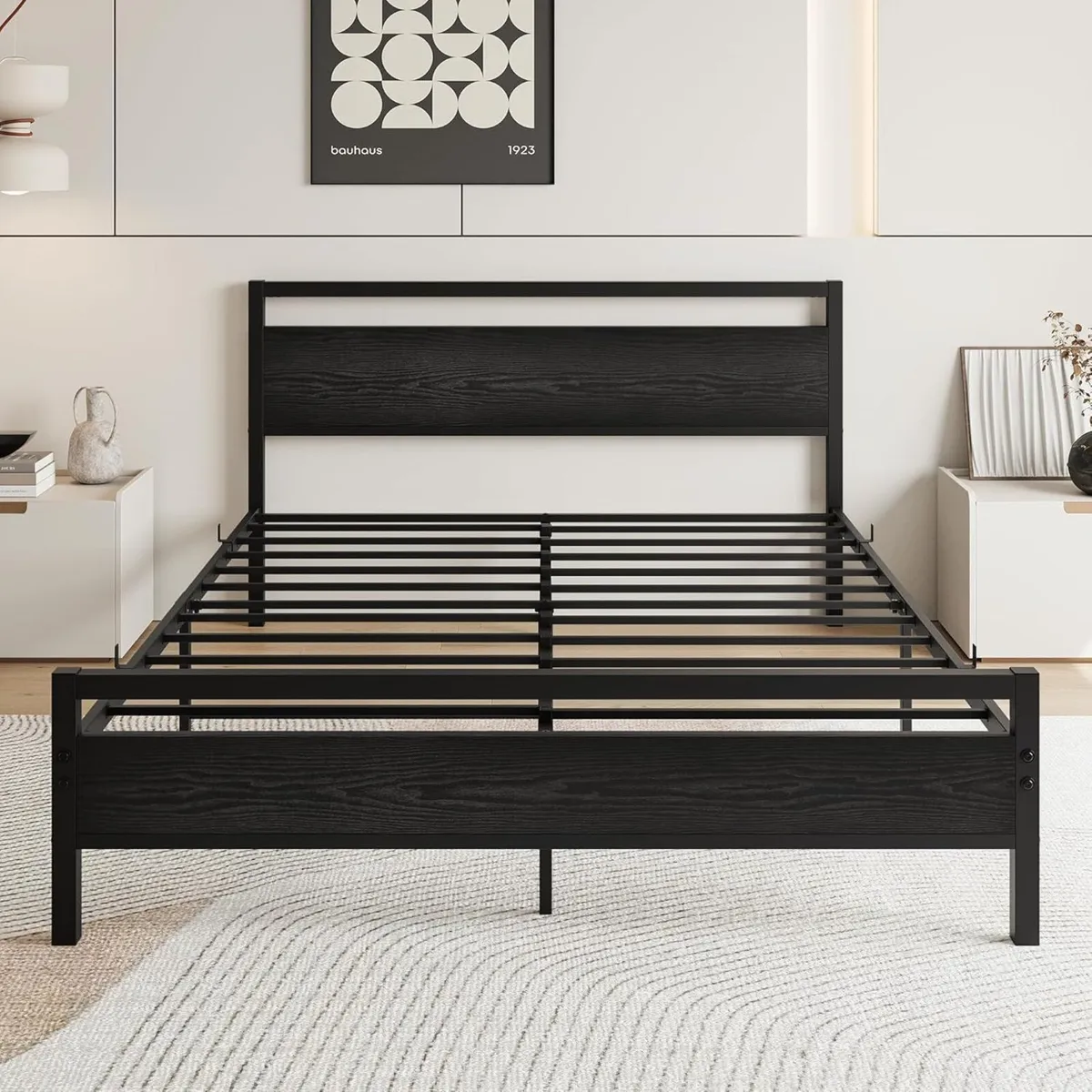 King Size Bed Frame with Wooden Headboard Black - Image 4