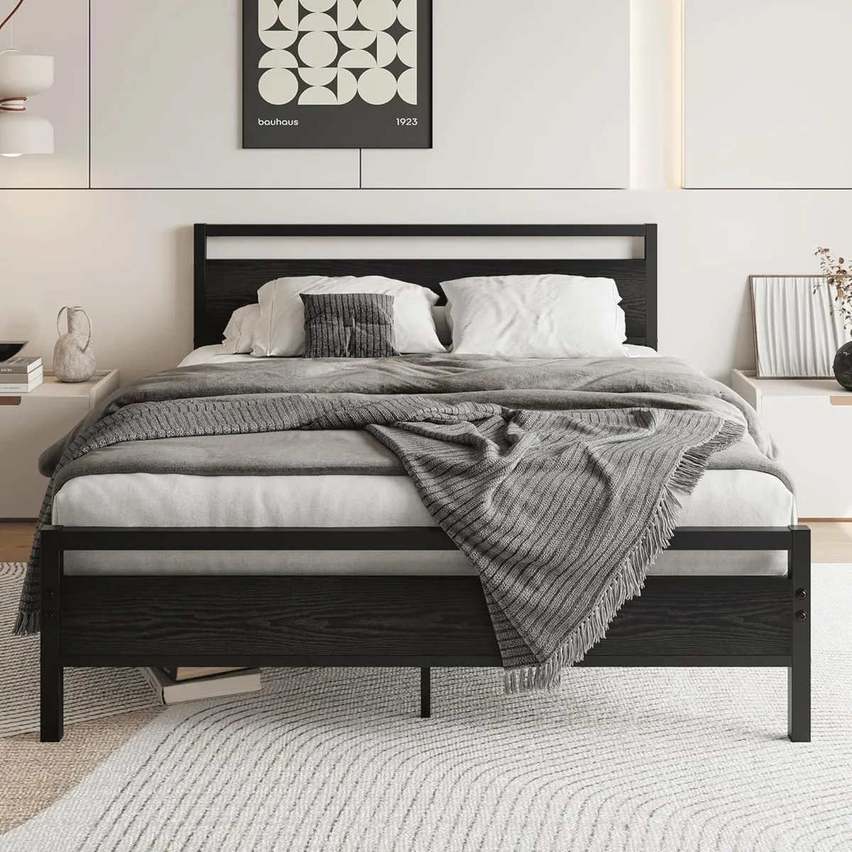 King Size Bed Frame with Wooden Headboard Black - Image 1
