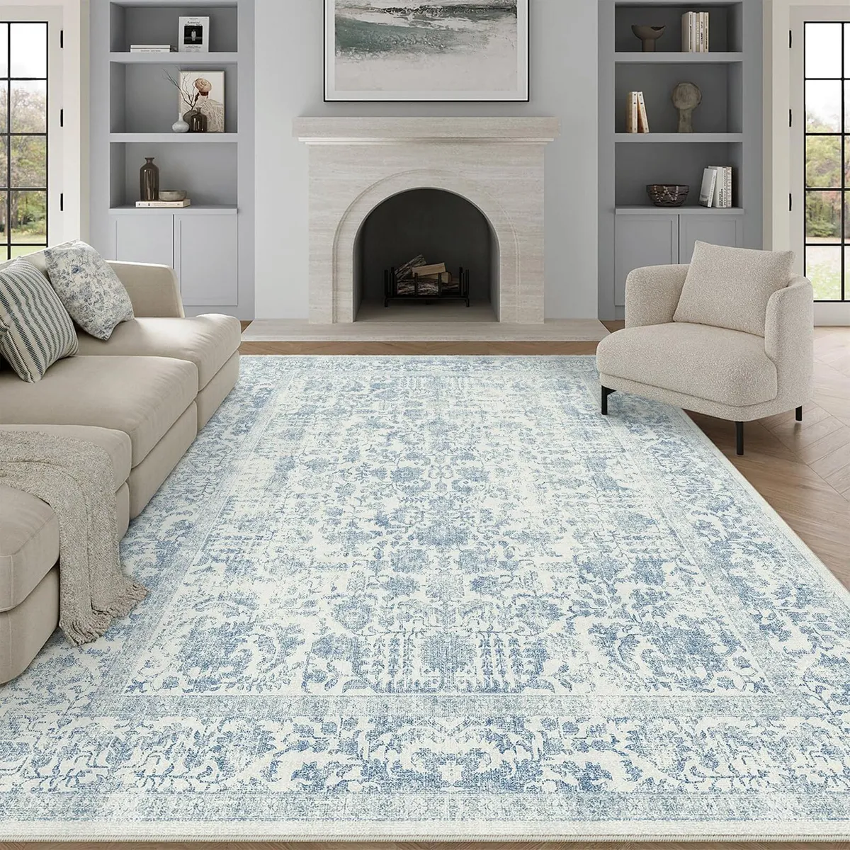 Vintage Blue Rugs Living Room Washable Non Slip - Image 1