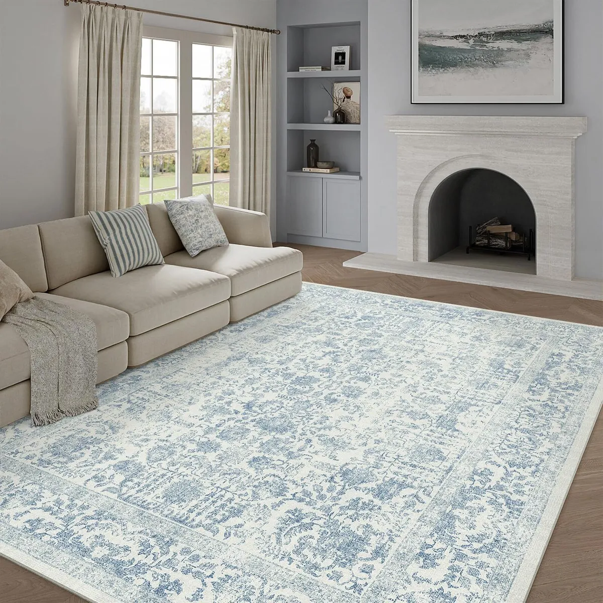 Vintage Blue Rugs Living Room Washable Non Slip - Image 4