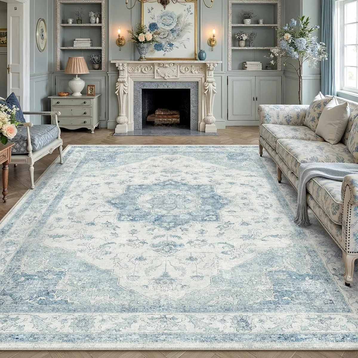 Vintage Washable Blue Rugs Living Room Area Rug - Image 1