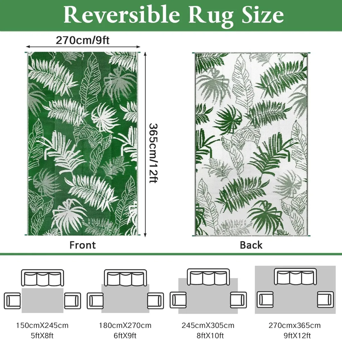 Outdoor Rug 270x365cm Reversible Large Rugs for - Image 2