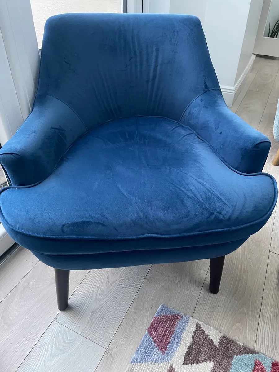 Blue Velvet Chair & Footstool - Image 1