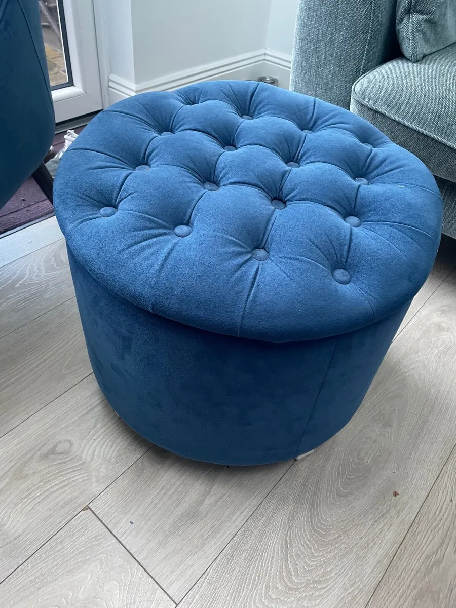 Blue Velvet Chair & Footstool - Image 2