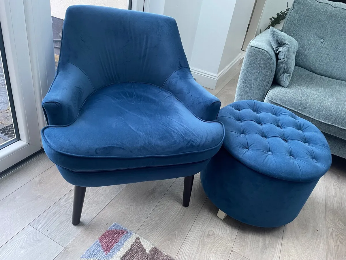 Blue Velvet Chair & Footstool - Image 3