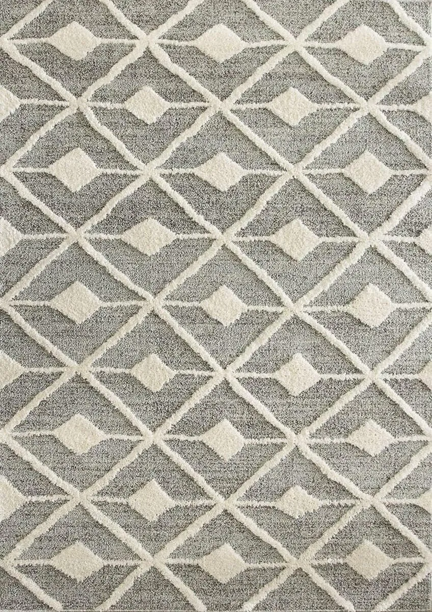 Grey Ivory Textured Trellis Striped Rug Large - Image 1